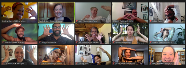 Fitterer (top row, center) joined by the 2020 of Dance/USA Institute for Leadership Training in a virtual meeting. The 10-year-old mentorship program matches early-career dance leaders with mentors in the field.