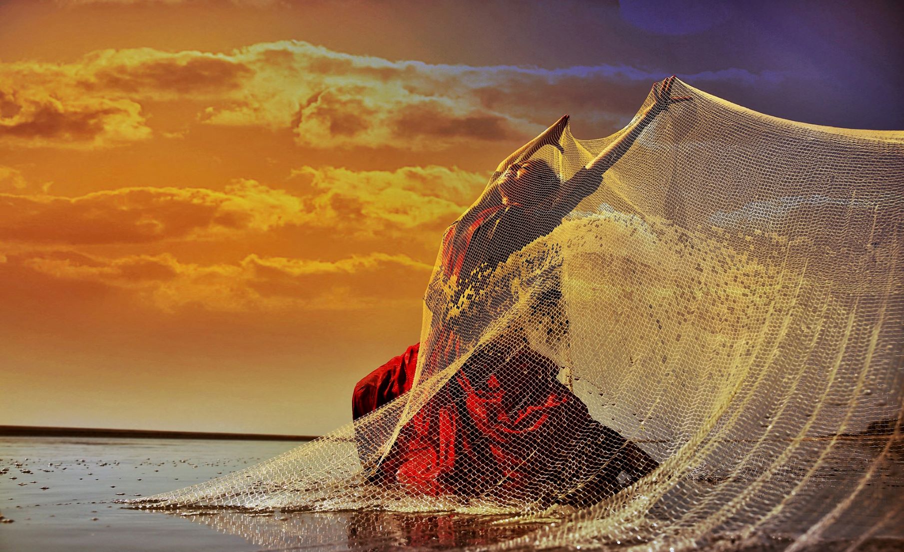 Female dancer covered in net stands in sea, her back arched and arms lifted