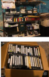 On top a shelf with VHS tapes and other archival materials. On bottom a box full of VHS tapes.