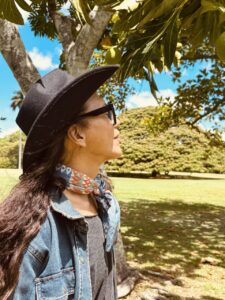 Portrait from Moanalua Botanical Gardens, Honolulu. Shot in profile. Looking towards the fruit of the Ulu (breadfruit) tree. A symbol of growth and resilience.
