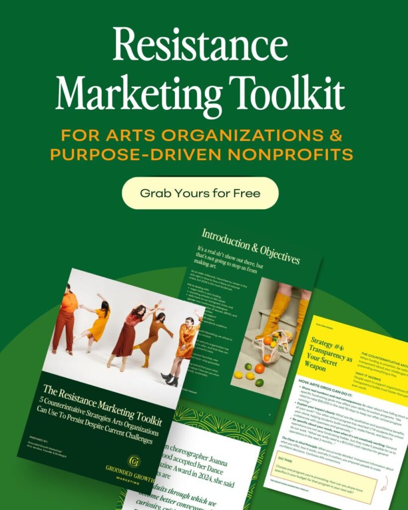 A mockup of the Resistance Marketing Toolkit shows pages in a PDF resource available for free download from Grounded Growth Marketing